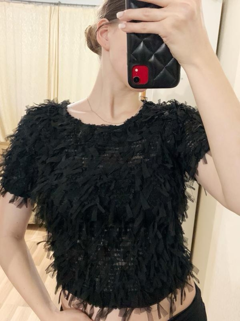 ZARA Textured Fringe Short Sleeve Top